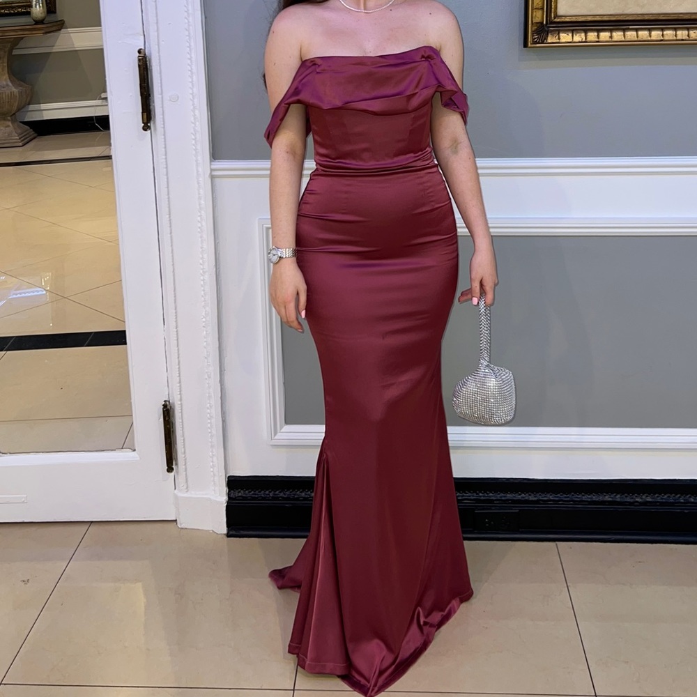 Dusty Rose Satin Off Shoulder Evening Gown Dress